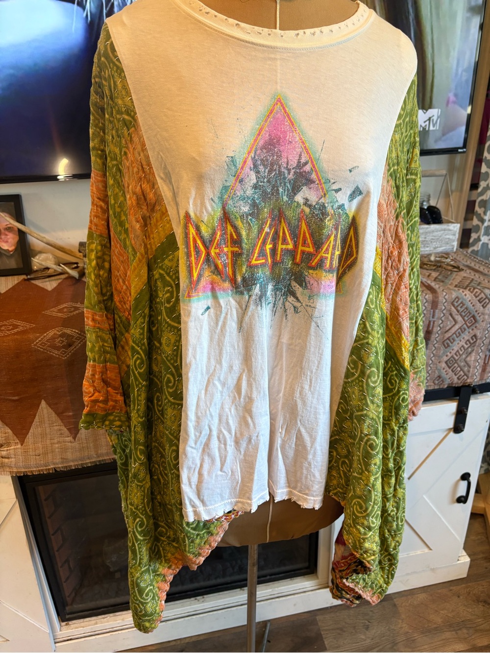 Def Leppard Graphic Band Tee with Boho Kimono — White & Green -up-cycled